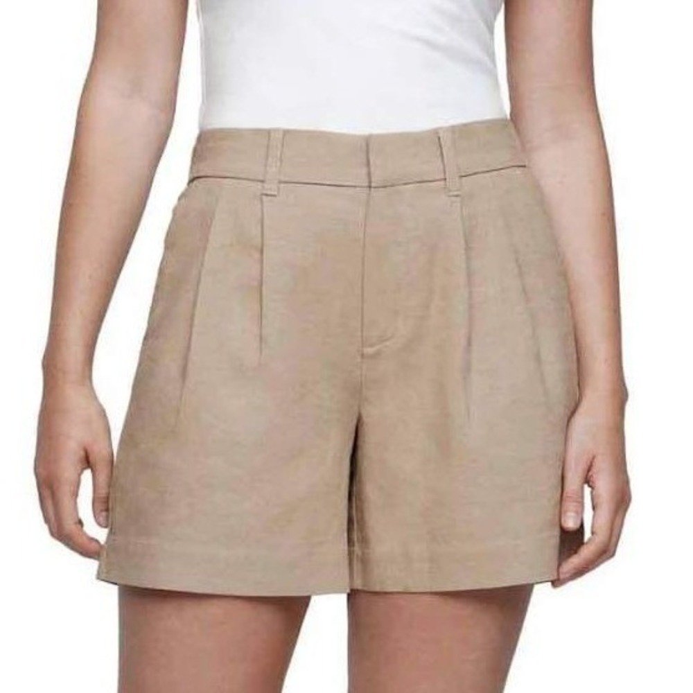Express Womens Pleated Linen Short Beige High Rise Casual Office 8